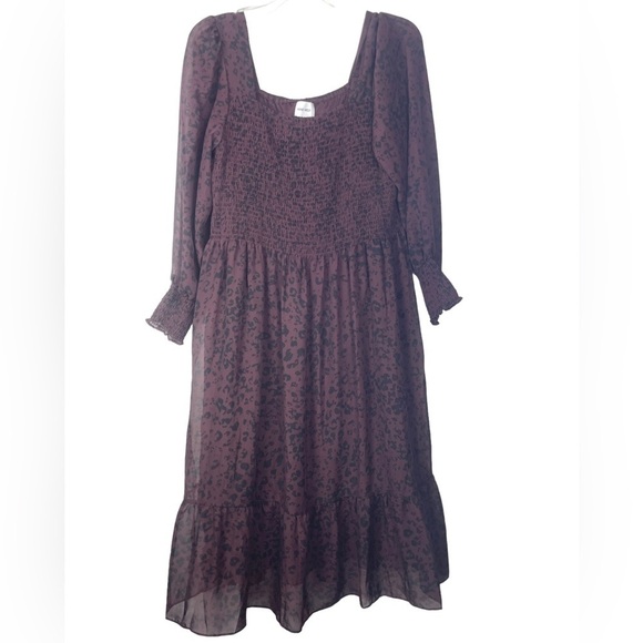 Nine West Burgundy Leopard Animal Print Smocked Lined Smocked Midi Dress Sz XXL - Picture 1 of 17